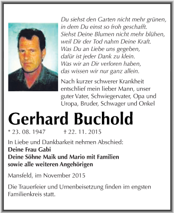 Traueranzeige von Gerhard Buchold von Wochenspiegel Mansfelder Land