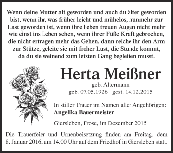 Traueranzeige von Herta Meißner von Super Sonntag Aschersleben