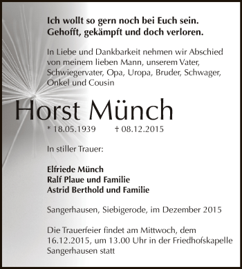 Traueranzeige von Horst Münch von Super Sonntag SGH Mansf. Land