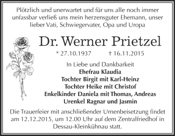Traueranzeige von Werner Prietzel von WVG - Wochenspiegel Dessau / Köthen