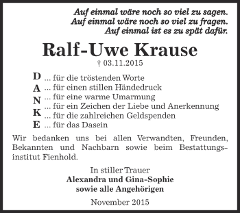 Traueranzeige von Ralf-Uwe Krause von Super Sonntag SGH Mansf. Land