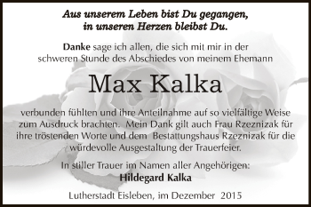 Traueranzeige von Max Kalka von Wochenspiegel Mansfelder Land