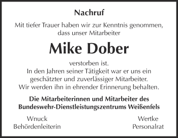Traueranzeige von Mike Dober von WVG - Wochenspiegel NMB / WSF / ZTZ