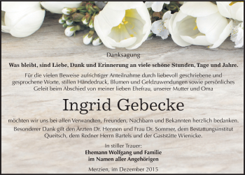 Traueranzeige von Ingrid Gebecke von Mitteldeutsche Zeitung Köthen