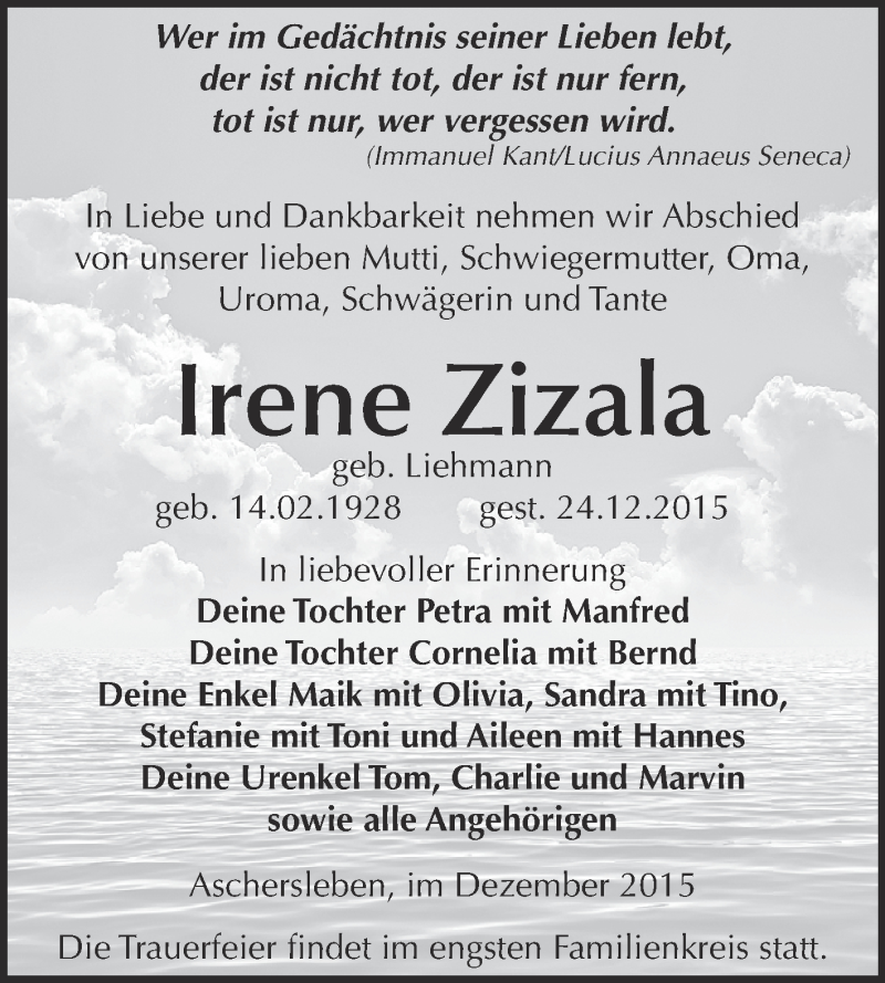  Traueranzeige für Irene Zizala vom 30.12.2015 aus Super Sonntag Aschersleben