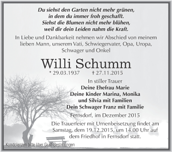 Traueranzeige von Willi Schumm von WVG - Wochenspiegel Dessau / Köthen