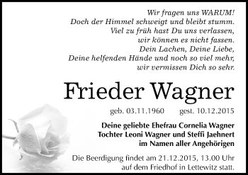 Traueranzeige von Frieder Wagner von Mitteldeutsche Zeitung Halle/Saalkreis