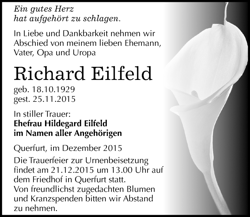  Traueranzeige für Richard Eilfeld vom 16.12.2015 aus Mitteldeutsche Zeitung Merseburg/Querfurt