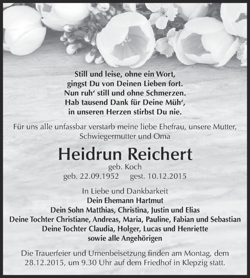  Traueranzeige für Heidrun Reichert vom 19.12.2015 aus WVG - Wochenspiegel Dessau / Köthen