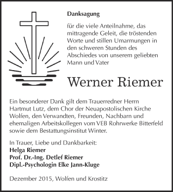 Traueranzeige von Werner Riemer von WVG - Wochenspiegel Bitterfeld