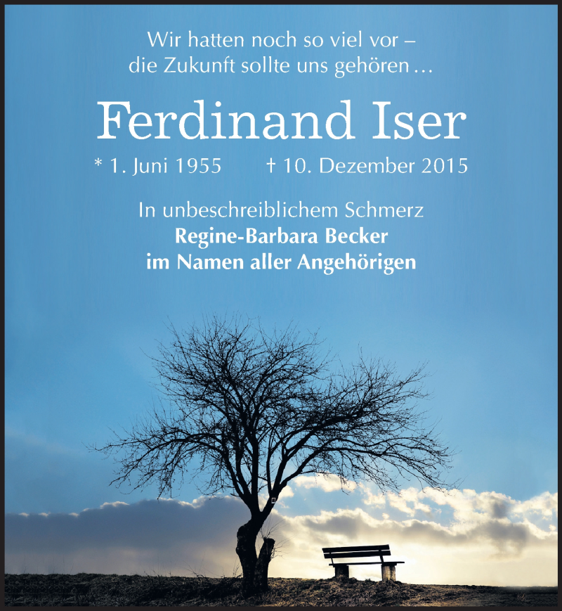  Traueranzeige für Ferdinand Iser vom 19.12.2015 aus Mitteldeutsche Zeitung