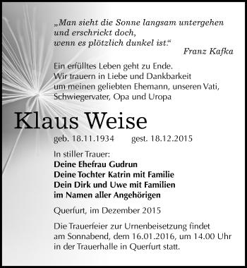 Traueranzeige von Klaus Weise von Mitteldeutsche Zeitung
