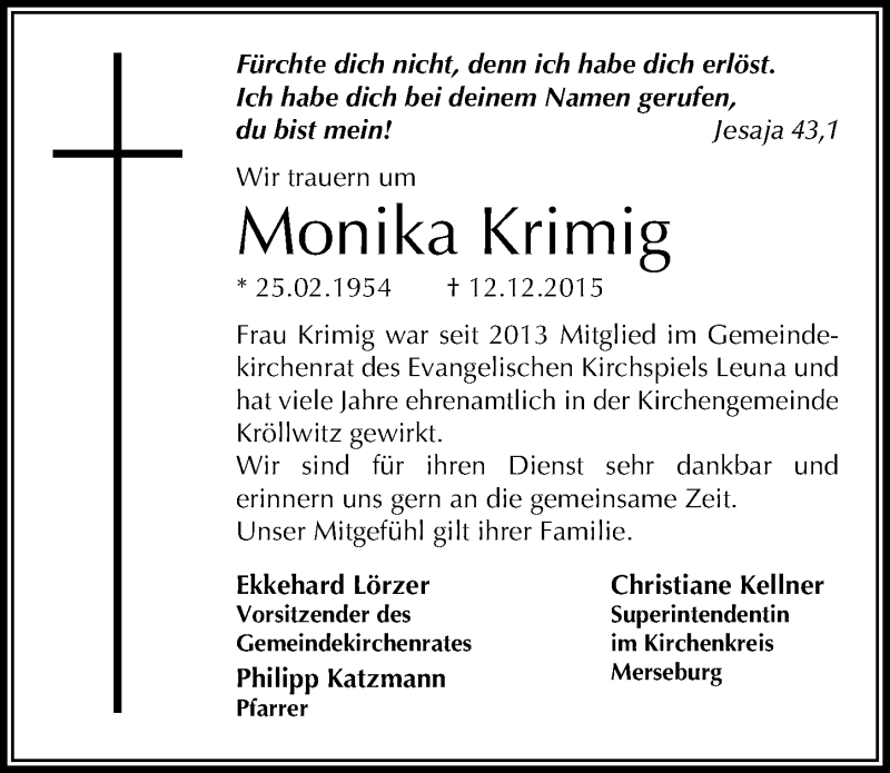  Traueranzeige für Monika Krimig vom 21.12.2015 aus Mitteldeutsche Zeitung Merseburg/Querfurt