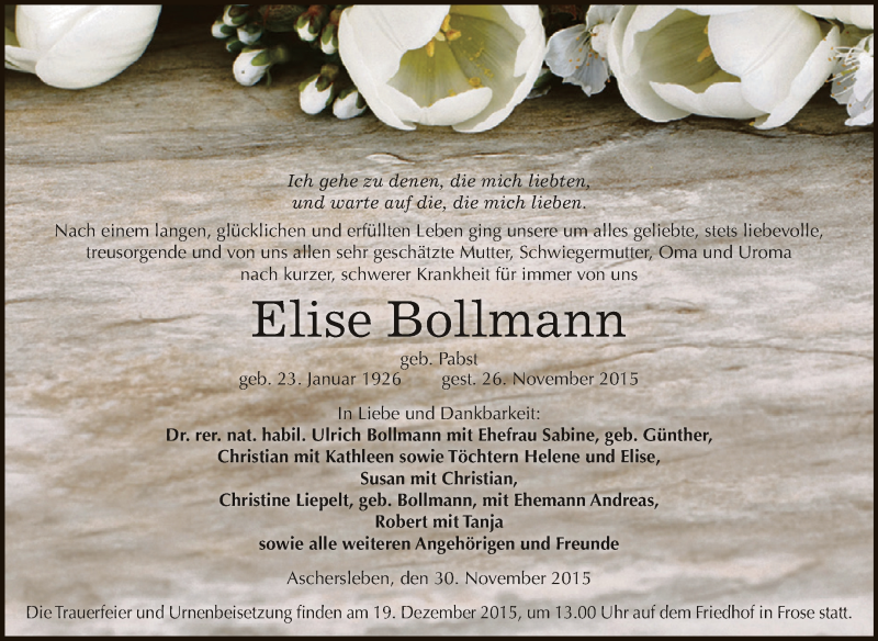  Traueranzeige für Elise Bollmann vom 05.12.2015 aus Super Sonntag Aschersleben