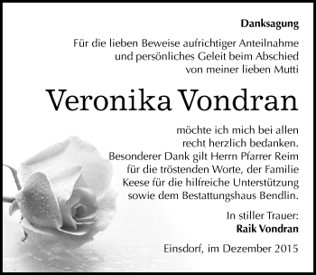 Traueranzeige von Veronika Vondran von Mitteldeutsche Zeitung Sangerhausen
