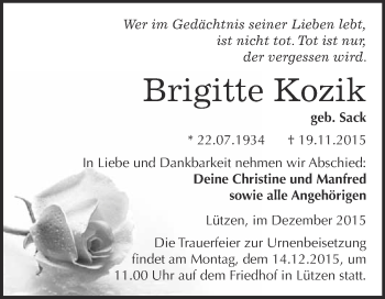 Traueranzeige von Brigitte Kozik von WVG - Wochenspiegel Merseburg