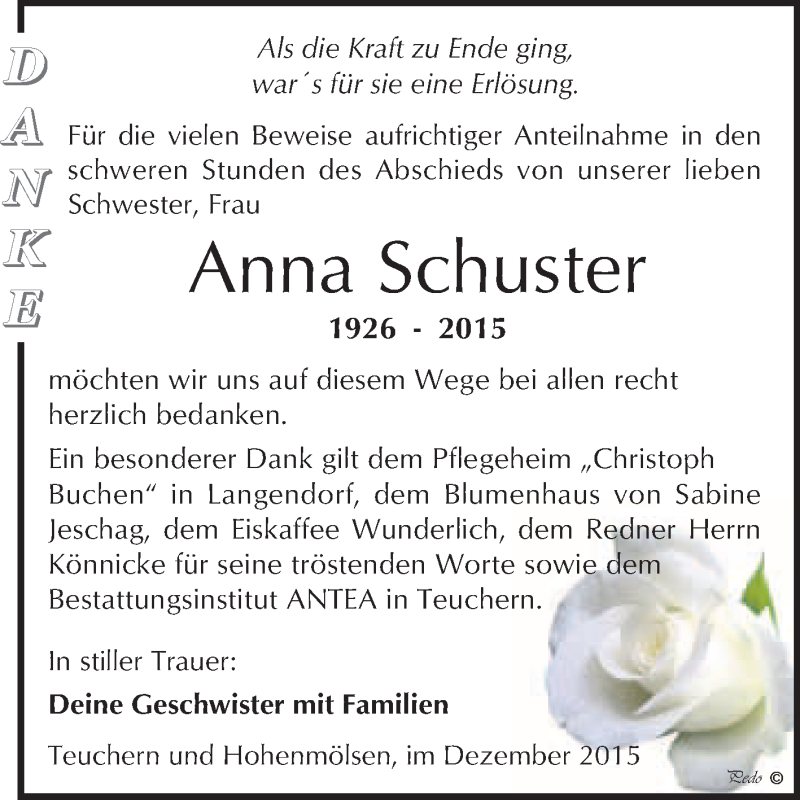  Traueranzeige für Anna Schuster vom 16.12.2015 aus WVG - Wochenspiegel NMB / WSF / ZTZ