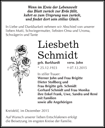Traueranzeige von Liesbeth Schmidt von Wochenspiegel Mansfelder Land