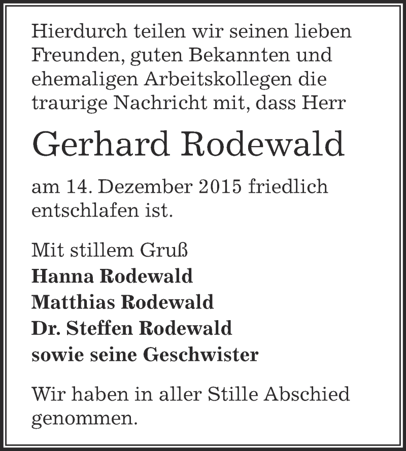  Traueranzeige für Gerhard Rodewald vom 19.12.2015 aus Super Sonntag Zeitz