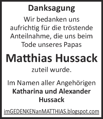 Traueranzeige von Matthias Hussack von WVG - Wochenspiegel Dessau / Köthen