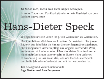 Traueranzeige von Hans-Dieter Speck von Mitteldeutsche Zeitung Naumburg/Nebra