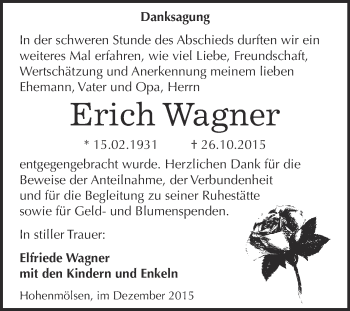 Traueranzeige von Erich Wagner von WVG - Wochenspiegel NMB / WSF / ZTZ