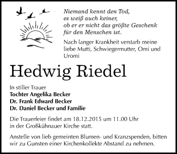 Traueranzeige von Hedwig Riedel von Mitteldeutsche Zeitung Dessau-Roßlau