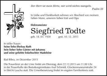 Traueranzeige von Siegfried Todte von Mitteldeutsche Zeitung Naumburg/Nebra