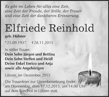 Traueranzeige von Elfriede Reinhold von WVG - Wochenspiegel Merseburg