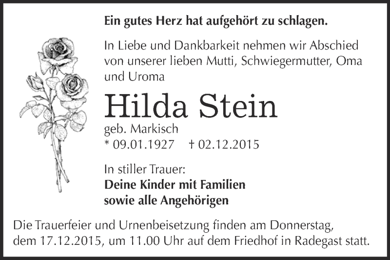  Traueranzeige für Hilda Stein vom 12.12.2015 aus WVG - Wochenspiegel Dessau / Köthen