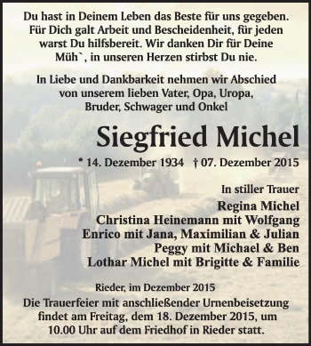 Traueranzeige von Siegfried Michel von WVG - Wochenspiegel Quedlinburg
