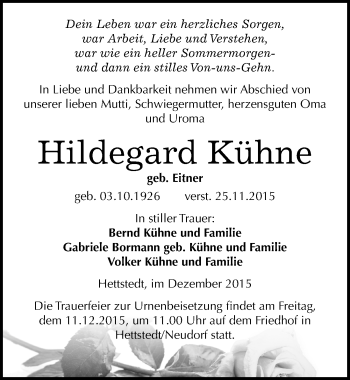 Traueranzeige von Hildegard Kühne von Mitteldeutsche Zeitung Mansfelder Land