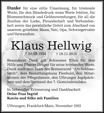 Traueranzeige von Klaus Hellwig von Mitteldeutsche Zeitung Sangerhausen
