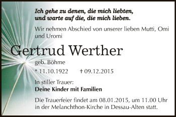 Traueranzeige von Gertrud Werther von WVG - Wochenspiegel Dessau / Köthen