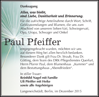 Traueranzeige von Paul Pfeiffer von Mitteldeutsche Zeitung Merseburg/Querfurt