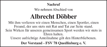 Traueranzeige von Albrecht Döbber von Super Sonntag Quedlinburg