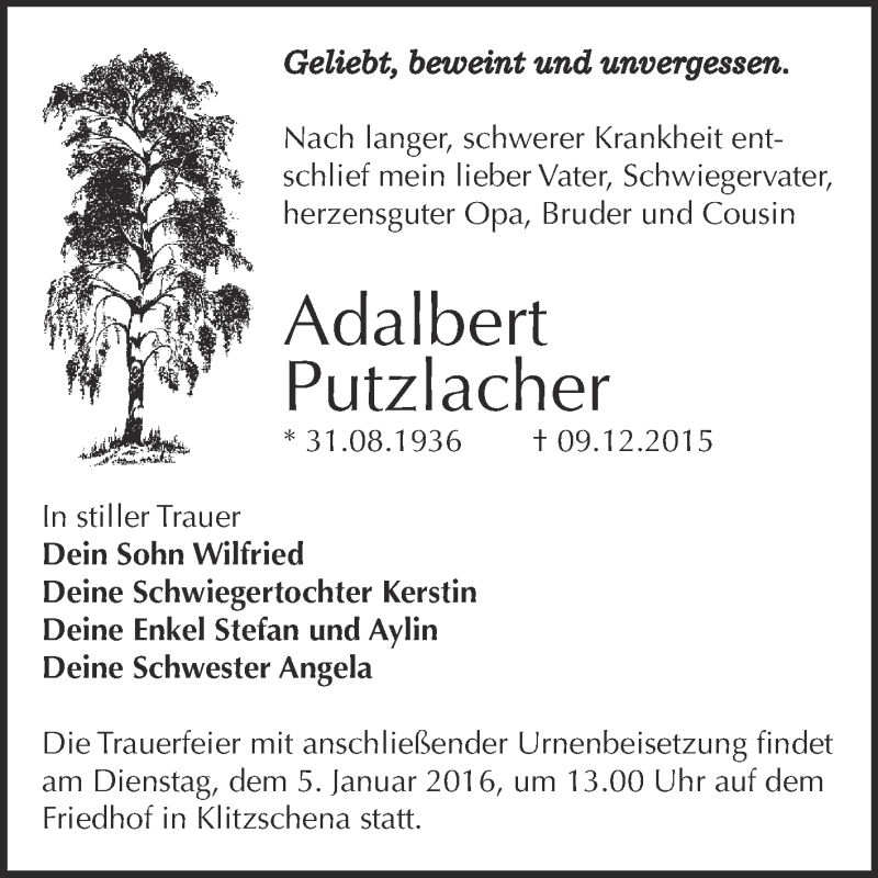  Traueranzeige für Adalbert Putzlacher vom 19.12.2015 aus Super Sonntag Dessau / Köthen