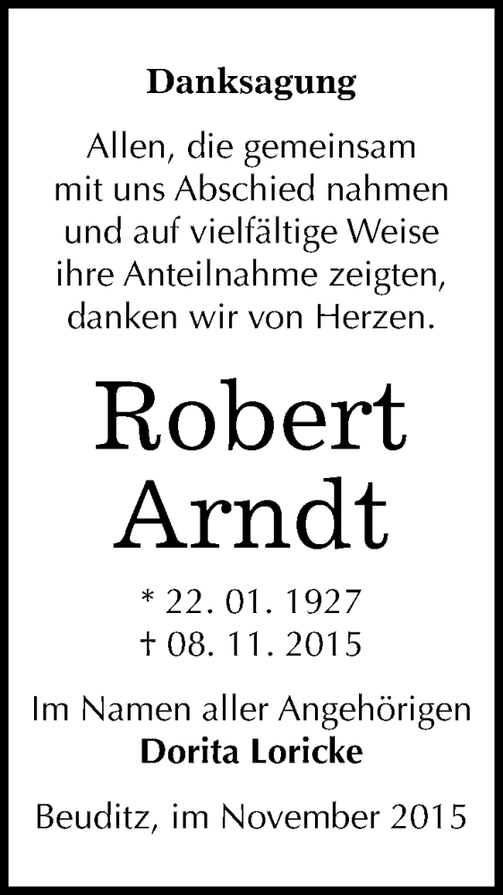  Traueranzeige für Robert Arndt vom 05.12.2015 aus Mitteldeutsche Zeitung Halle/Saalkreis