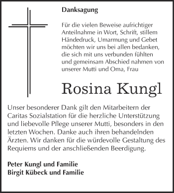 Traueranzeige von Rosina Kungl von WVG - Wochenspiegel NMB / WSF / ZTZ