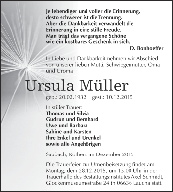 Traueranzeige von Ursula Müller von Super Sonntag Zeitz