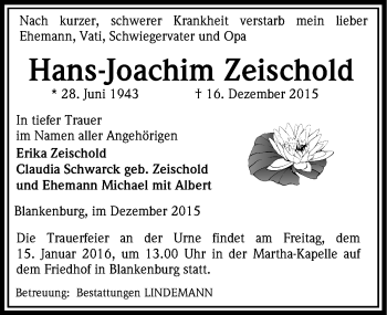 Traueranzeige von Hans-Joachim Zeischold von Mitteldeutsche Zeitung Quedlinburg
