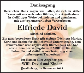 Traueranzeige von Elfriede David von Mitteldeutsche Zeitung Quedlinburg