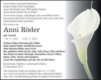 Traueranzeige von Anni Röder von Mitteldeutsche Zeitung Mansfelder Land