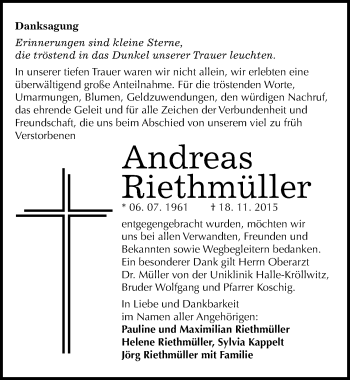 Traueranzeige von Andreas Riethmüller von Mitteldeutsche Zeitung Halle/Saalkreis