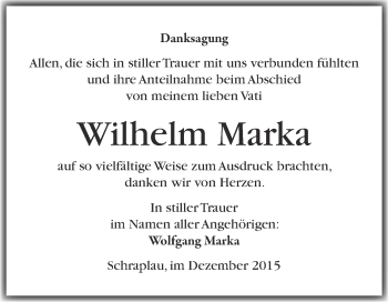 Traueranzeige von Wilhelm Marka von WVG - Wochenspiegel Merseburg