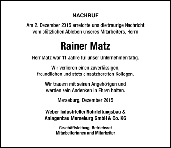 Traueranzeige von Rainer Matz von Mitteldeutsche Zeitung Köthen
