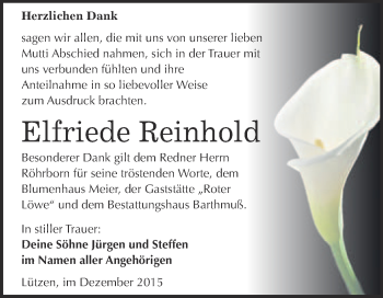 Traueranzeige von Elfriede Reinhold von WVG - Wochenspiegel Merseburg