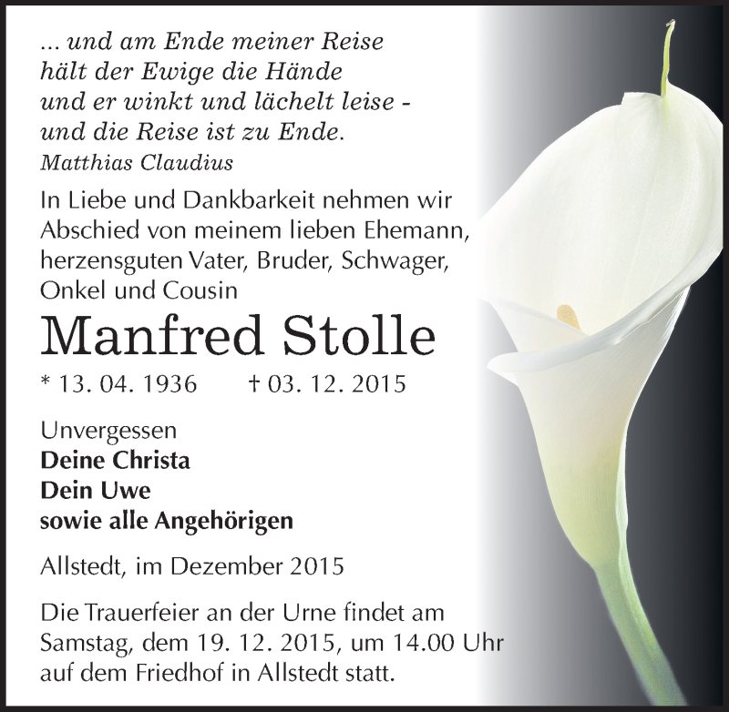  Traueranzeige für Manfred Stolle vom 12.12.2015 aus Mitteldeutsche Zeitung Sangerhausen