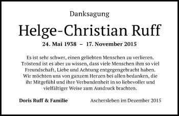 Traueranzeige von Helge-Christian Ruff von Mitteldeutsche Zeitung Aschersleben