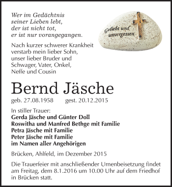 Traueranzeige von Bernd Jäsche von Mitteldeutsche Zeitung Sangerhausen